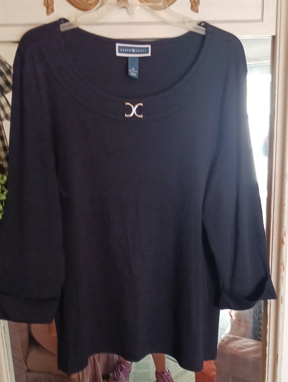 Karen Scott Black Scoop Neck Long Sleeve Top with Silver Accent XL